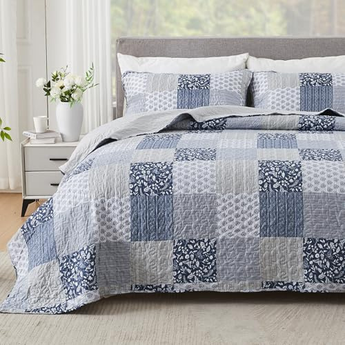Cozyholy Marinblått grått påslakanset full drottning storlek lapptäcke quiltat överkast set 3 delar pläd vändbar lätt sängkläder täcke set sydd sängtäcke filt med örngott