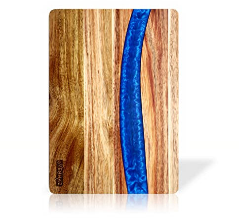 Premium Acacia Wood Cutting Board – Large with Blue Epoxy Resin Design, Easy Clean, for Meat, Vegetables, Cheese & Serving Tray Use