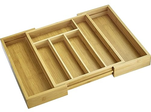Westmark Besteckeinsatz – ausziehbarer Schubladeneinsatz für Besteck und Kochutensilien, praktischer Organizer für gängige Schubladen, 5 bzw. 7 Kammern – Bambus, 29 – 48 cm