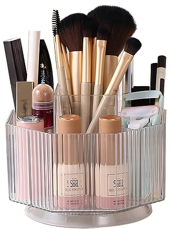 NUODWELL 360° drehbarer Make-up-Organizer, Make-up-Pinselhalter, transparente Kosmetik-Vitrine mit 5 Schlitzen, große Kapazität, Make-up-Pinsel-Organizer für Schminktisch, Schlafzimmer, Badezimmer,