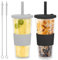 2 x 710ml Trinkbecher mit Deckel und Strohhalm, Bubble Tea Becher mit Strohhalm, Doppelwandig Isolierte Plastikbecher, Wiederverwendbare Tumbler Becher für Kaffee Saft, Becher to go (Schwarz + Grau)