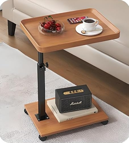 kiss me C Shaped Side Table, Height Adjustable Side Table 360°Swivel Couch Table with Wheels,Modern Small Coffee C Table End Table for Living Room Bedroom Balcony Patio (Wood Color 40 * 30 * 45~80cm)