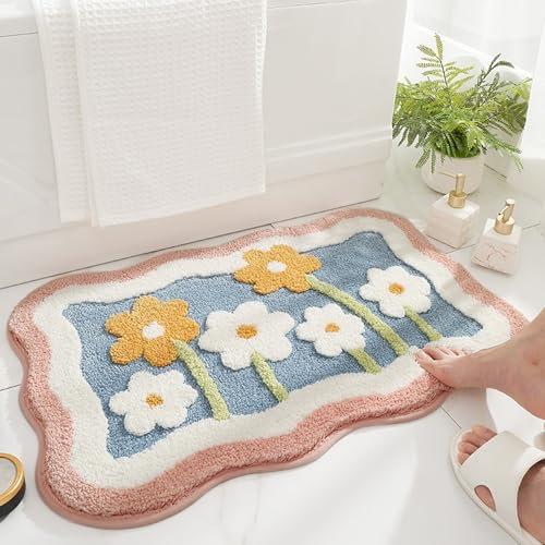Trlyane Badezimmermatte Weicher Saugfähig Badezimmerteppich, Mikrofaser Beflockung Blume Badematten Antirutsch Badvorleger Duschteppich Waschbar Badteppich 50x80cm