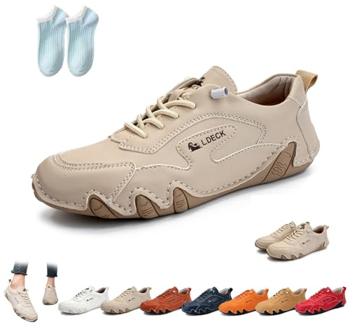 Kvinnor italienska handgjorda promenadskor i läder, utomhus vattentäta halkfria Beck-skor Casual Lättvikts bekväma Slip-on Minimalistiska Sneakers Loafers med mjuk sula(Beige,42 EU)
