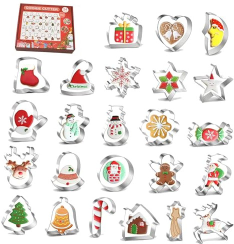 24 Stück Große Ausstechformen Weihnachten Set, Weihnachten Keksform aus Edelstahl,PläTzchenausstecher Weihnachten Für Weihnachtsschokolade,Keks,Tortendekorationen