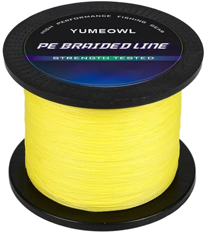 YUMEOWL Línea de pesca trenzada más delgada, ultra fuerte, resistente a la abrasión, sin estiramiento, 4 hebras, amarillo, 328 yardas, 8 libras, 0.08 mm