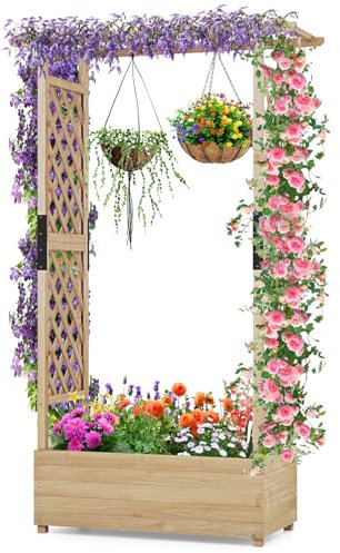 HOMASIS Blumenkasten mit 2 Rankgitter & Dachregal, Hochbeet mit Spalier, Holz Pflanzkasten für Kletterpflanz Blumen, Pflanzkübel Pflanzgefäß Rankhilfe für Garten Balkon Terrasse (110x44x182cm, Natur)