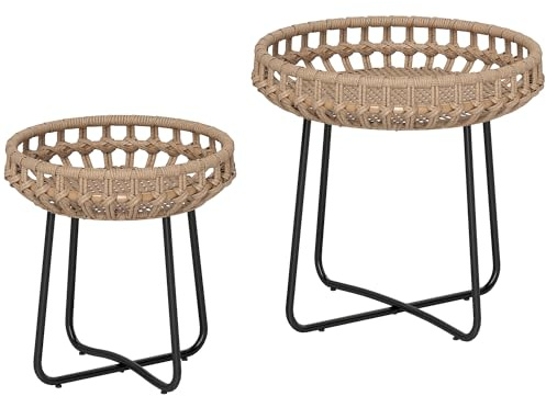 Outsunny 2er Set Beistelltisch Polyrattan Ø60/41 cm rund wetterfest Gartentisch mit X-Beine Verstellbare Fußpads Outdoor Balkontisch Couchtisch Gartenmöbel für Garten, Balkon Braun