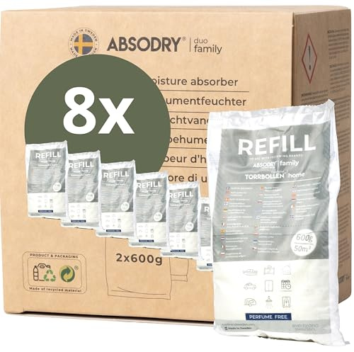 AbsoDry - Recambio Deshumidificador 8x600g - Compatible universalmente - Pastillas antihumedad recambio - Evita el olor y absorbe humedad - Absorbente de humedad en granulado