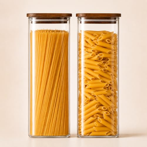QuaLife Förvaringsburkar 2-pack (2200 ml) – Borosilikatglas med lock av akaciaträ, lufttäta och stapelbara, fyrkantiga glasburkar för spaghetti, müsli och livsmedel