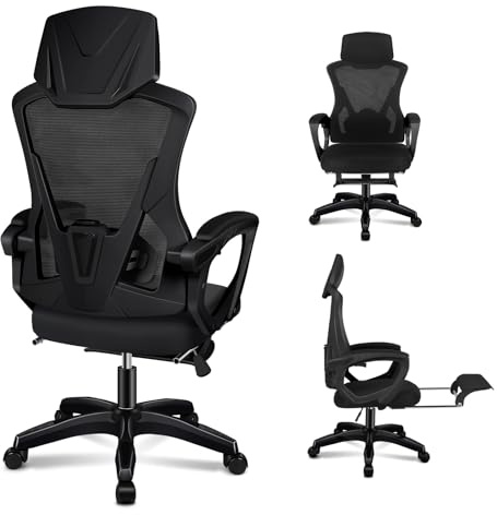ELFORDSON Ergonomic Office Chair with Headrest, High Back 150° Reclining Desk Chairs for Home Office, Swivel Mesh Computer Chair with Adjustable Lumbar Support and Footrest, 120° Rocking, Black