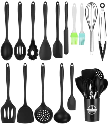 15 Piezas Utensilios de Cocina de Silicona,Negro Juego de Utensilios de Cocina de Silicona,Sin BPA,Juego Utensilios de Cocina Resistencia al Calor y Antiadherente con Cubo
