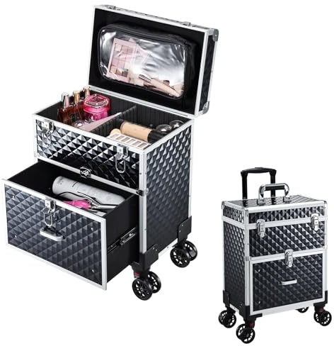 Adazzo Professional Rolling Makeup Case with Drawer for Makeup Artists Cosmetic Train Case Large Storage Case for Nail Technicians Cosmetology Case with Detachable Bag for Hairstylist Black