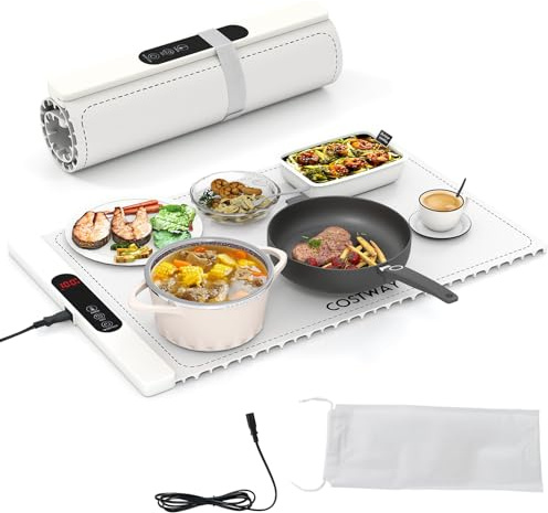 COSTWAY Food Warming Mat, Rollable Electric Warming Tray with Timer, Temperature Settings, Full Surface Heating, Child Lock & Storage Bag, Silicone Heating Mat (Beige, 6 Temperature, 5 Timer, 61x38cm)
