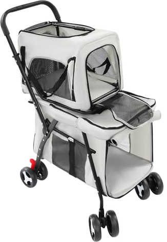 Carrito doble para mascotas, superior de hasta 7 kg y soporte inferior de hasta 15 kg, plegable con caja de transporte extraíble para gatos y perros (gris)
