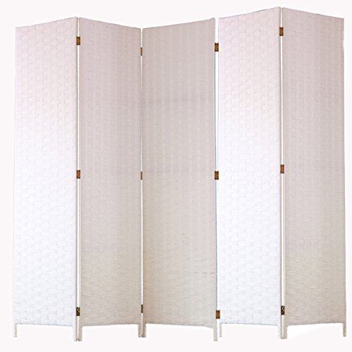 Paravent de 5 pans tressé en Fibres Naturelles Coloris Blanc - Dim : H180 x L225 cm -PEGANE-