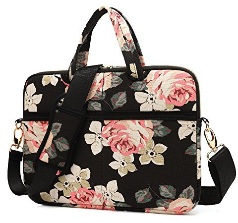 kayond Black Rose Patten Canvas Laptop Shoulder Messenger Bag Case Sleeve for 14 Inch Laptop and Macbook Pro A1707 A1990 (14-14.1 inch, Black Rose)
