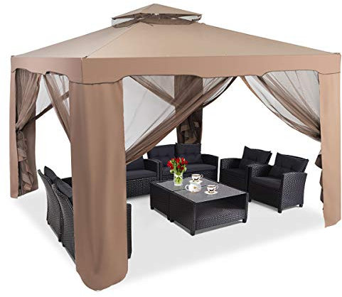 COSTWAY Tonnelle de Jardin 3 x 3M en Polyester Imperméabilisé Anti UV 50+, Tente Réception à Double Toit avec 4 Moustiquaires Amovibles Zippées, pour Terrasse Jardin Cours (Brun)