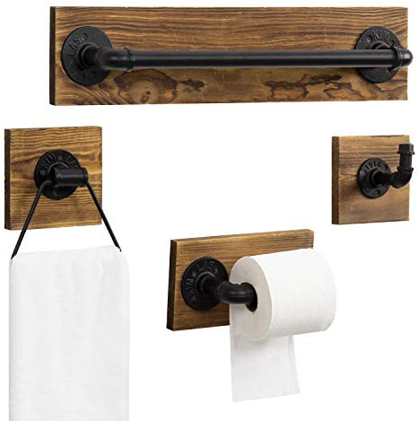 MyGift 4-Piece Bathroom Hardware Set Toilet Paper Holder with Burnt Wood and Industrial Matte Black Metal Pipe Includes, Towel Ring, Towel Bar and and Robe Hook