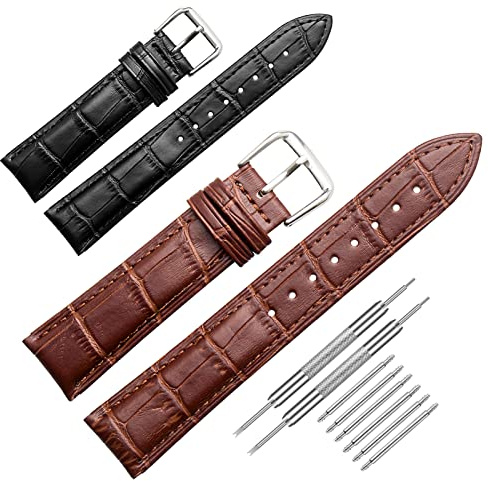 (2 pcs) Universal Leather Watch Straps,Genuine Leather Watch Straps,Stainless Steel Watch Band Buckle,Quick Release, Replacement Watchbands for Men Women (with Watch Strap Pins,Watch Strap Tool)