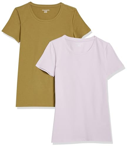Amazon Essentials T-shirt a Maniche Corte con Vestibilità Classica (Opzioni Girocollo e Scollo a V) Donna , Pack of 2, Lavanda/Verde Oliva, L