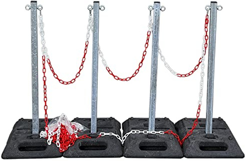 UvV Profi X40 Kettenpfosten Stahl 40 kg Set 4 x 1m x 40/40 Stahlpfosten + 15 kg schwere Fußplatte + 12,5m Absperrkette (Set B 4 Pfosten verzinkt)