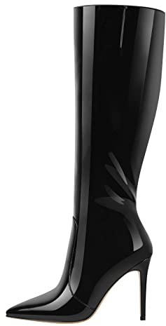 Only maker Bottes classiques pour femmes à bout pointu Bottes à talon aiguille, Vernis noir., 39 EU