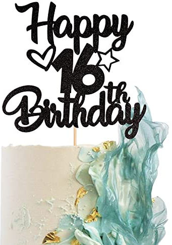 1 Stück Happy 16th Birthday Cake Topper Heart Star 16 Fabulous Tortendeko Prost auf 16 Jahre alt neunzig fabelhafte Tortendekorationen 16 Geburtstag Party Kuchen Dekoendeko schwarz