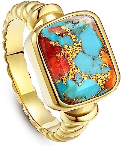 Phyonio Women's 14K Gold Plated Statement Rings Emerald Cut Spiny Oyster Turquoise Signet Ring Stainless Steel Chunky Gold Rings Band Size 10