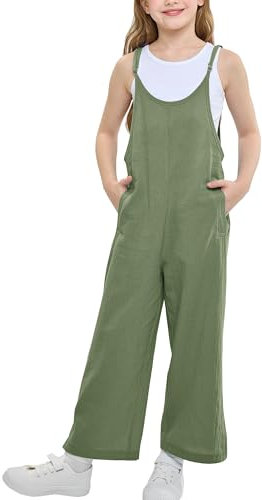 Rolanko Girls Jumpsuit Adjustable Spaghetti Strap Loose Overalls Rompers, Cotton Baggy Plain Playsuits with Pockets for Age 5-12 Years, Green, Size: 11-12 Years, 160