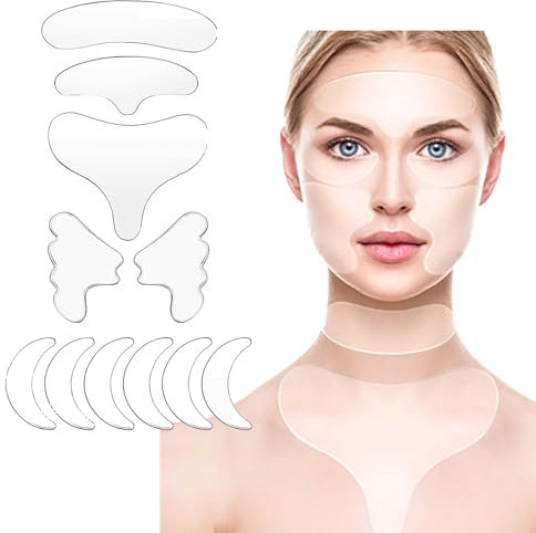 MKNZOME Parches Antiarrugas, 11 piezas Almohadillas Antiarrugas de Silicona Reutilizables Pegatinas Cara Suavizar y Reducir la Arruga, Cintas Cuidado de Piel para el Frente Ojos Mejilla Cuello Pecho