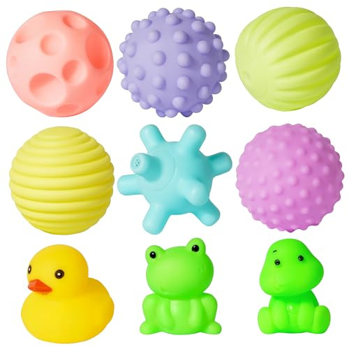 Balles pour bébés et tout-petits, jouets doux et colorés pour bébé, cadeaux pour enfants, balles de massage sensorielles, 9 pièces jouets de salle de bain pour bébé