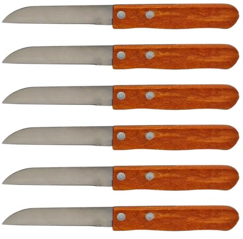 Tradineur Lot de 6 couteaux à pommes de terre, couteau à éplucher, éplucher les pommes de terre, lame en acier inoxydable et manche en bois, couverts classiques, passent au lave-vaisselle, 17,5 cm