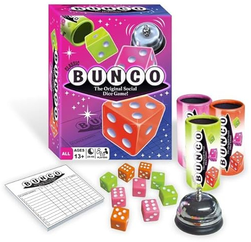 Continuum Games Retro Bunco Game Kit Party Box for Ladies Night 2-12 Players 3 Sets of Bunco Dice, Bell, and Score Pad for Game Night