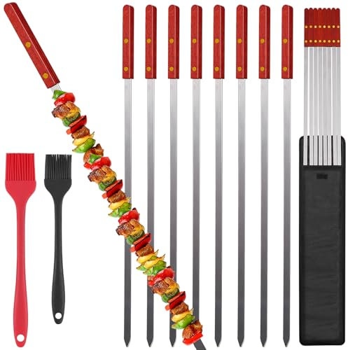 Fengzhe Kabob Skewers,23 Inch Long x 0.5 Inch Wide, Metal Stainless Steel BBQ Skewer with Wooden Handle for Shish Kebab,Turkish Grills,Koubideh,Brazilian BBQ - Durable & Reusable, 8 Set+ 2 Brushes