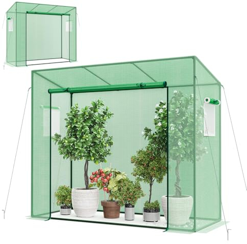 HOMASIS Serre de Jardin en Film Plastique, Serre d'Hivernage avec Porte Roulante et 2 Fenêtres, Bâche en Polyéthylène et Toit Incliné, Serre à Tomates Cadre en Métal, 200 x 77 x 169 cm