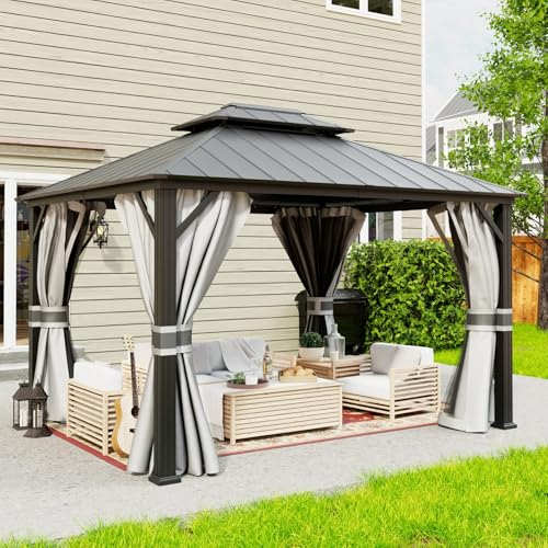 Amopatio 3 x 3.65 m Gartenpavillon Wasserdicht Stabil Winterfest Hardtop Pavillon, Verzinkter Stahl Doppeldach Aluminium Pavillon mit Moskitonetz und Vorhänge für Garten, Terrasse, Rasen, Grau