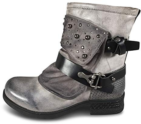 Pogolino Bottines à lacets pour femmes avec rivets Bottes de motard zippées plates et confortables ST016, 38 EU