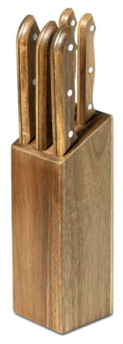 TIENDA EURASIA – Tacoma con Cuchillos | Taco para 5 Cuchillos | Madera y Acero Inoxidable | Color Marron | Cuchillos Cocina | Soporte Cuchillos Cocina | Medidas 8 x 8 x 35 cm | Porta Cuchillos Cocina