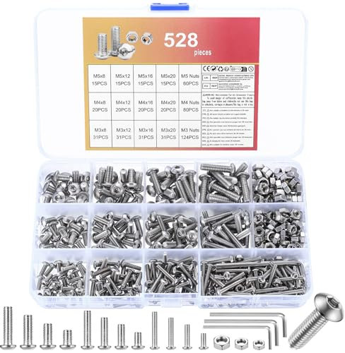 528 Pcs Vis M3 M4 M5, Vis à Tête Cylindrique à Six Pans Creux et écrous, Bouton Vis à Tête Hexagonale Acier Inoxydable avec écrous, Boutons Vis à Tête Bombée Vis Boutons à Tête Ronde Hexagonale