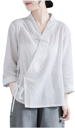 Vêtements de style chinois pour femmes hauts en coton et lin chemises de style chinois grenouille bouton haut chemisiers vintage à manches 3/4 chemisier d'été vintage enveloppant tunique chemises Tang