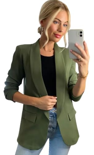 Divadames Blazer för kvinnor, öppen framsida, ledig kofta rynkad ärm, arbete, kontor, blazer, jacka med fickor, Khaki, 40