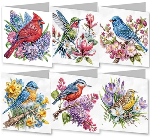 CXINLky Lot de 6 cartes de peinture diamant 5D à faire soi-même pour Pâques, 2025 - Cartes de peinture diamant - Pour anniversaire, Pâques, vacances - Pour la famille, les amis - 17 oiseaux de fleurs