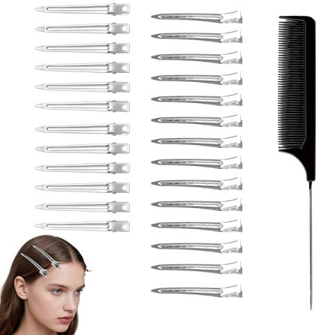 Mewflew Set Profesional De Peinado De 25 Piezas – Pinzas Plateadas Y Peine De Cola Para Volumen, Flequillo Lateral, Corte, Peinado Y Maquillaje – Accesorios De Peluquería Para Profesionales