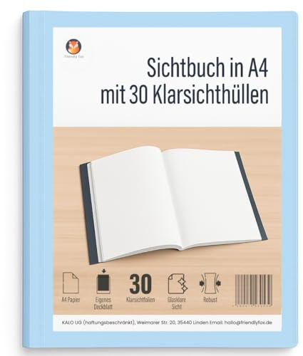 Friendly Fox Porte-vues A4 avec pochettes transparentes, dossier de présentation avec 30 films transparents pour 60 vues, porte-certificats ou certificats Bleu