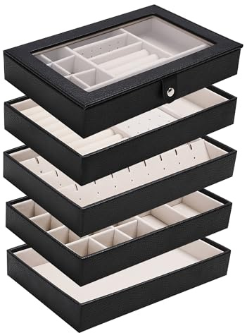 Boxudeli 5 Layer Jewellery Trays Stackable Jewellery Organiser Tray with Clear Lid, Jewellery Display Tray for Drawer Large Jewellery Box for Dressing Table (black, 5 layer attach the lid)