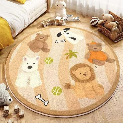 YATOLA Alfombras Redonda Alfombra Habitación Lavable Antideslizante Muy Suave para Salón Dormitorio Esponjosa de Cama Infantil Lavable Bebe Niña Niño Juego Animale Conejo Oso León (Marrón, 80x80cm)