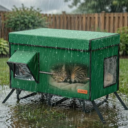 X-Large Collapsible Cat House, Metal Frame Cat Condo, Insulated Waterproof Outdoor Stray Cat Shelter with Escape Door, Sturdy Warm Shelter for Homeless Cats (Green)