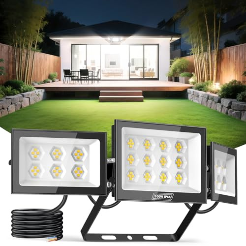 Sararoom LED Floodlight Outdoor with 3 Adjustable Heads, 100W 10000LM Super Bright LED Security Light, 6500K Daylight Flood Lights Outdoor, IP65 Waterproof Spot Light for Garage Yard Warehouse
