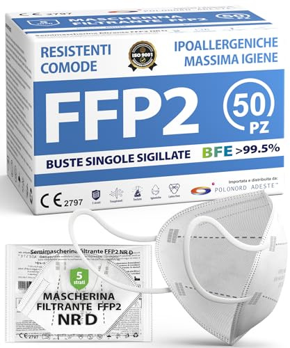 ADESTE – 50 x FFP2-mask, hygienisk 5-lagers dammskyddsmask, EN149:2001+A1:2009 munskydd EU2016/425, vit, andningsmask, enskilda förseglade påsar | Hygienisk dammskyddsmask i 5 lager | EN149:2001+A1:2009 | Munskyddsmask EU2016/425 | Allergivänlig andningsmask